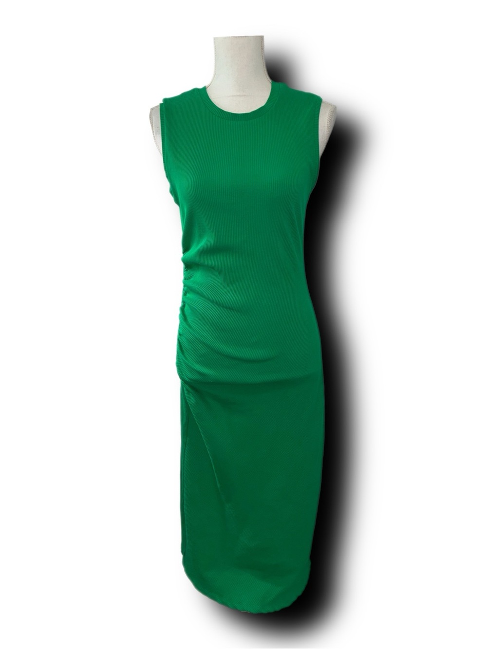 Zara Ribbed Green Sleeveless Ruched Midi Dress